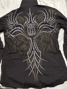 Roar Men's XL Brown/White Collared Button-Up Long Sleeve Embroidered Graphic